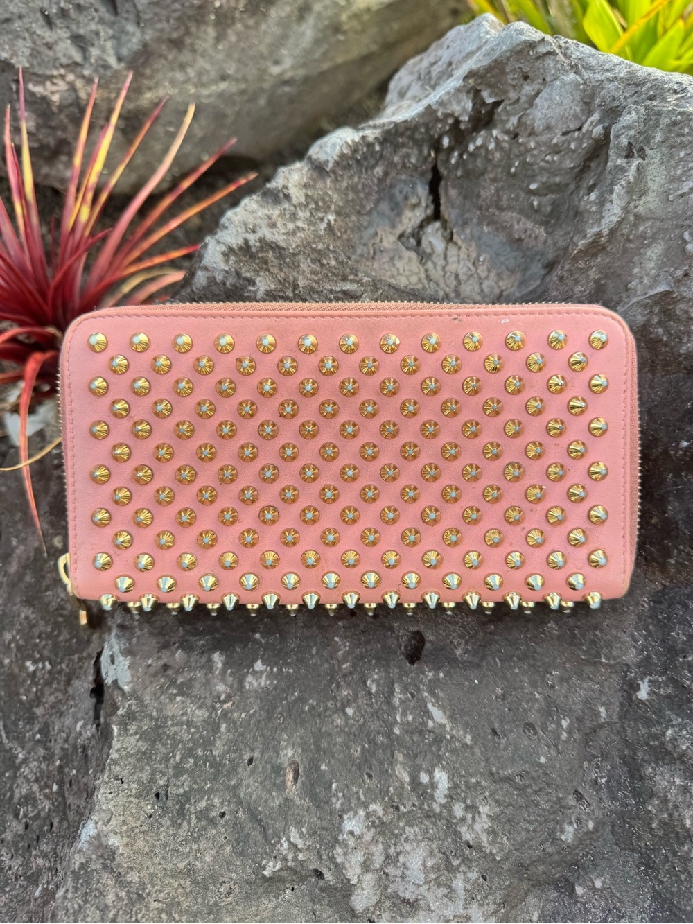 Christian Louboutin Pink Spiked Zip Around Wallet Gold Studs Leather - Picture 1 of 14